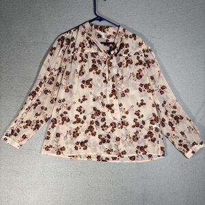 Lucky Brand Women Size M Sheer Long Sleeve Blouse Tie Neck Tan Nude Pink Flowers